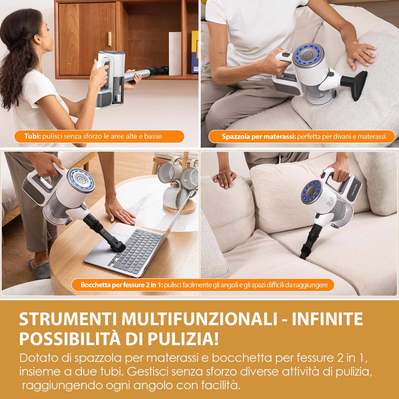 VersLife S6PRO Aspirapolvere Senza Fili 30KPa, Scopa Elettrica Senza Fili, Aspirazione Potente con Design Senza Spazzole, Autonomia 30 Minuti, Filtro HEPA, per Pavimenti e Peli di Animali Domestici