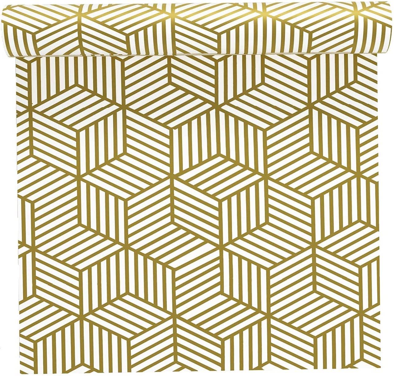 Eurotex Geometric Design Wallpaper 17.71" X 118" Self-Adhesive Removable Peel and Stick Decorative Wall Covering (PVC, Size 45cm X 3Mtr Roll 14.5 Sqft, White & Gold Color)