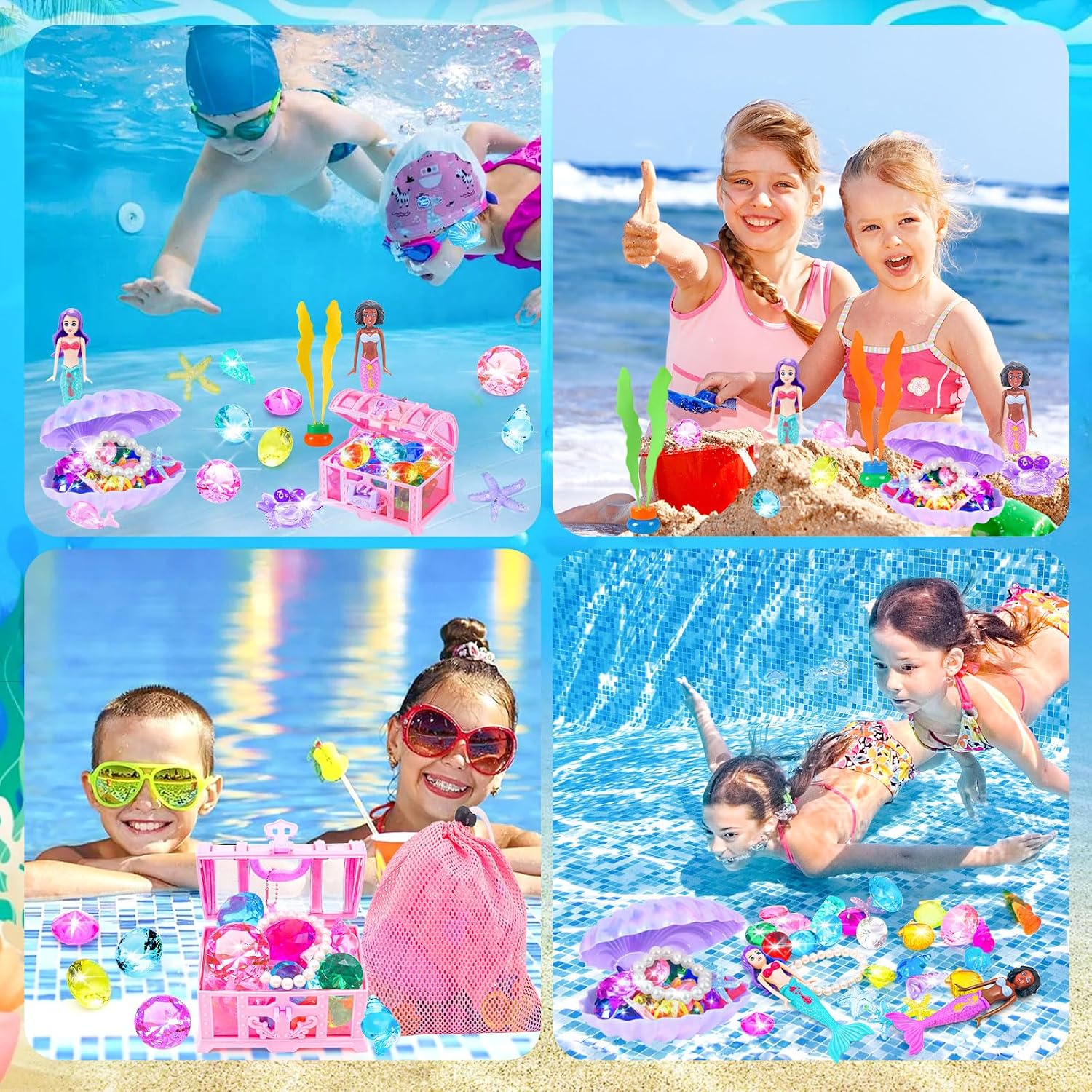 Mermaid Toys Diving Toys with Shell Treasure Chests and Storage Bag Swimming Pool Games Summer Water Gift Set for Kids Toddlers Girls Boys