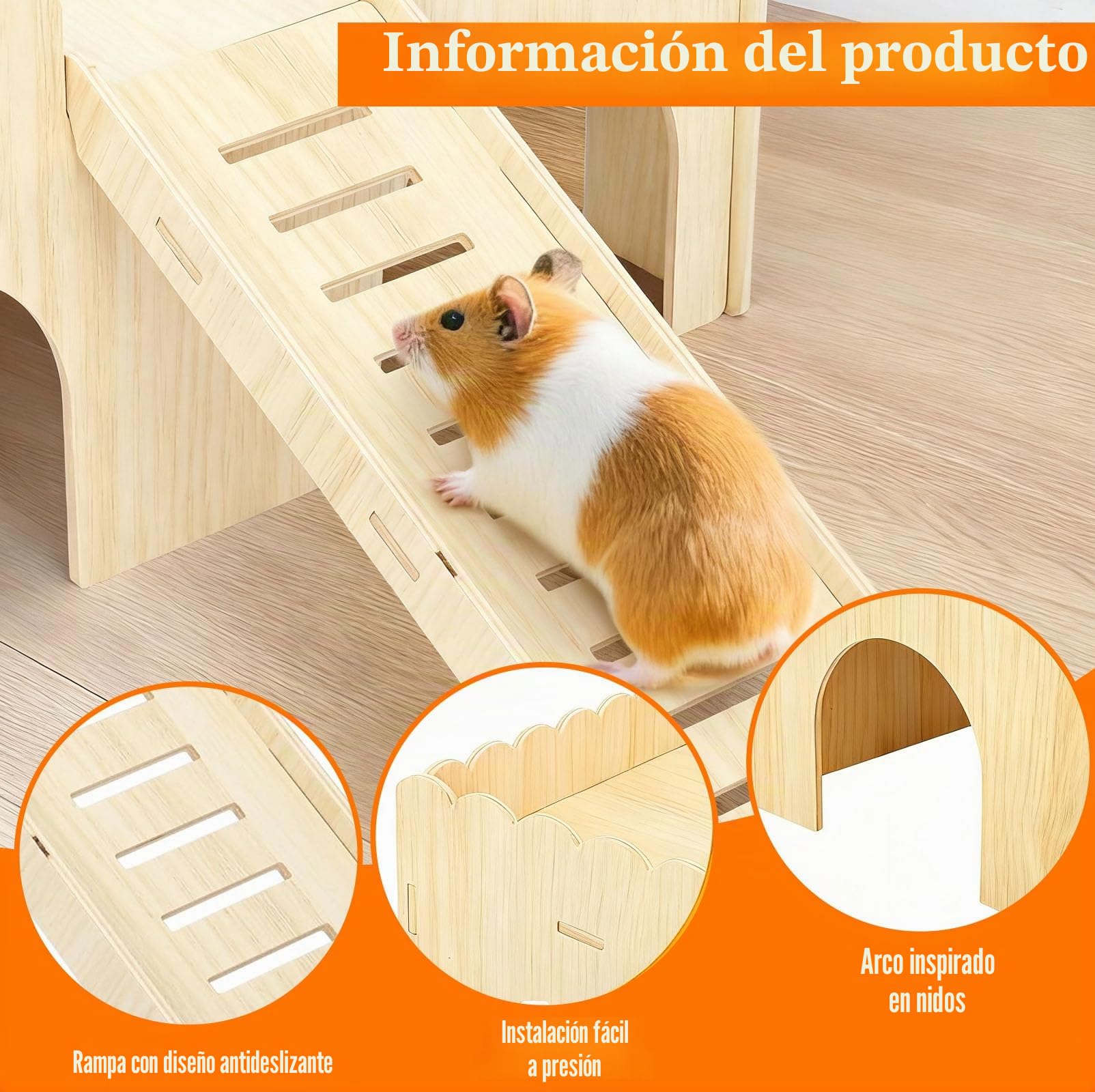 Casa de Cobayas Madera Natural con 4 Cuevas y Rampa Extraíbles, 38x25x18cm Castillo Conejo Gran, Accesorios Juguete Mascotas Pequeñas para Cobayas, Hámsteres, Chinchillas, Conejos Enanos y Hurones