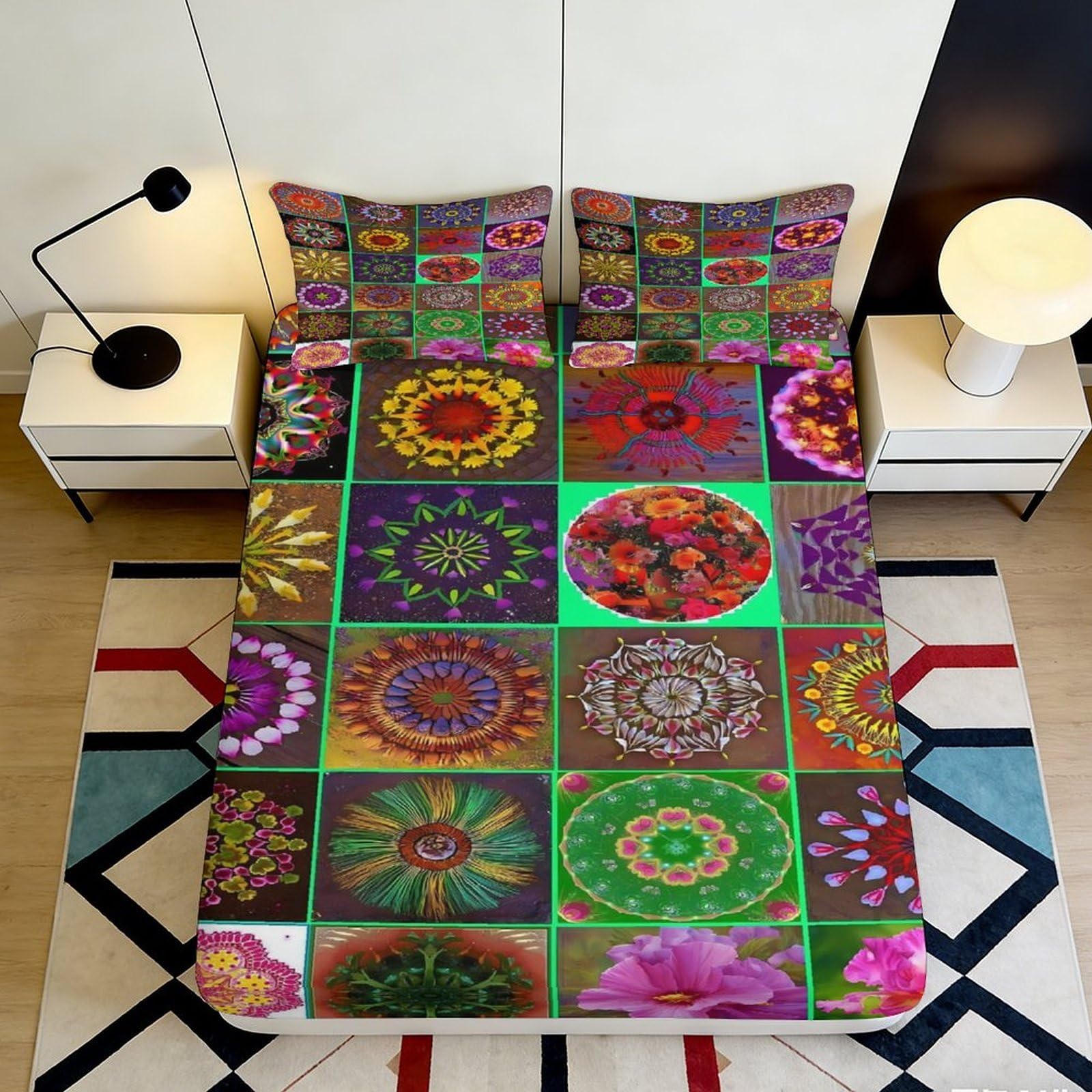 Pnayamiorkfel Style-6 3D Printed Mandala Flower Fitted Sheet Microfiber Vibrant Kaleidoscope Bed Cover For Adult Bedroom Guest Room Decor 90X200x25cm