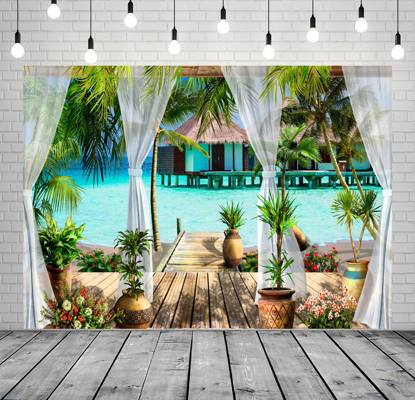 BELECO 3x2.5m Sfondo Fotografico terrazza villa tropicale mare paradiso palme oceano blu, decorazione festa estiva spiaggia, accessori fotocabina carta da parati studio