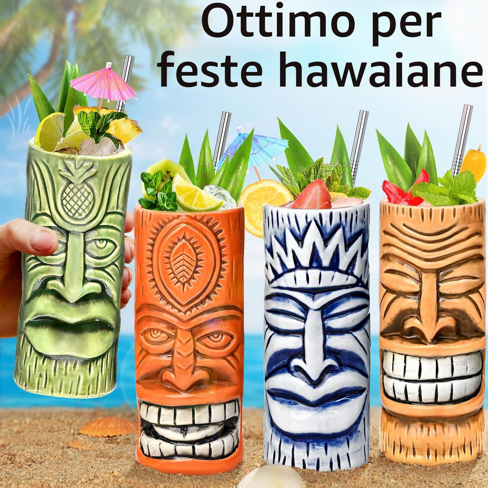 Tiki - Set di 4 tazze da cocktail in ceramica Tiki, bicchieri da cocktail unici, tazza hawaiana professionale da bar e bicchieri per feste di Natale di Halloween