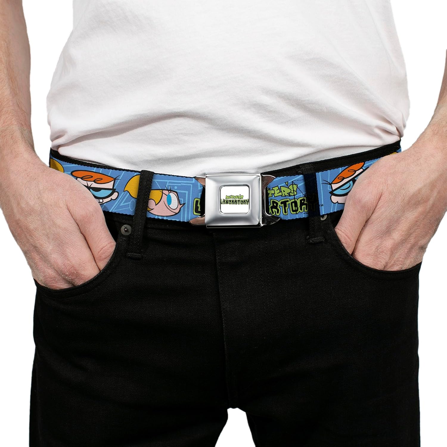Warner Bros. Animation Belt, Seatbelt Buckle Belt, Dexters Laboratory Title Logo with Dexter and Dee Dee Blues, Adjustable