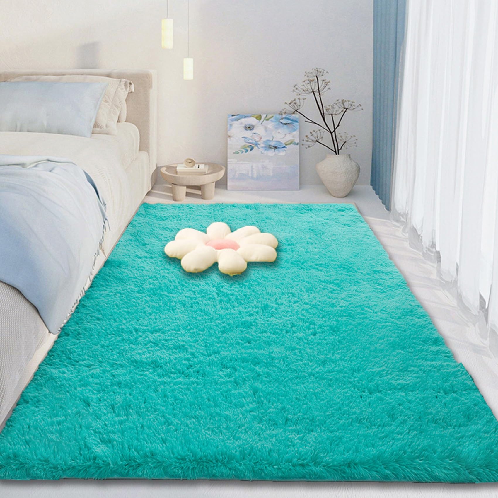 Tapis de salon lavable et antidérapant 200x230 cm aspect fourrure bleu