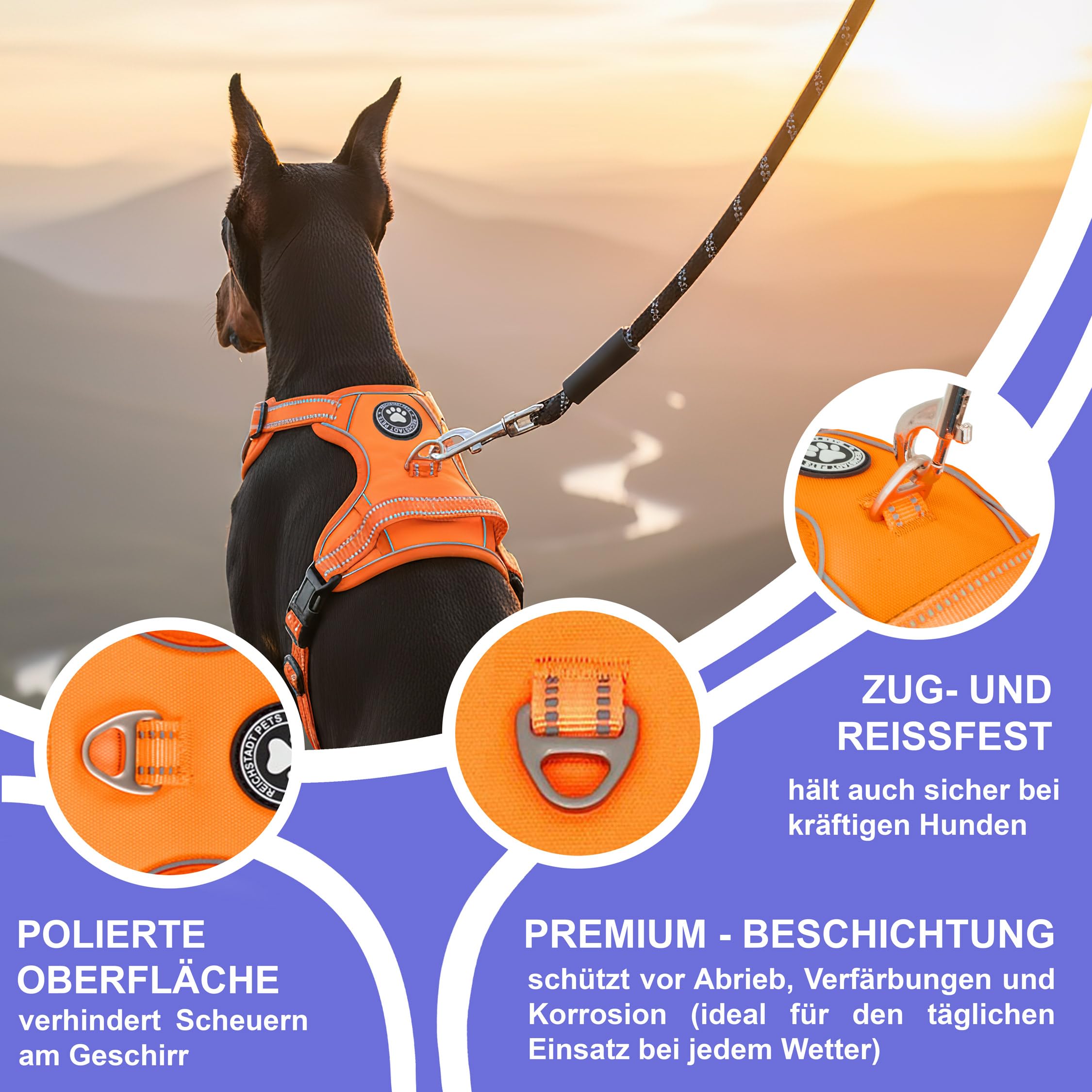 Reichstadt Pets uprząż dla psa – regulowana uprząż bez ciągnięcia, z uchwytem i elementami odblaskowymi, oddychająca, wyściełana i wytrzymała, dla średnich psów, 25RSP083, pomarańczowa, M