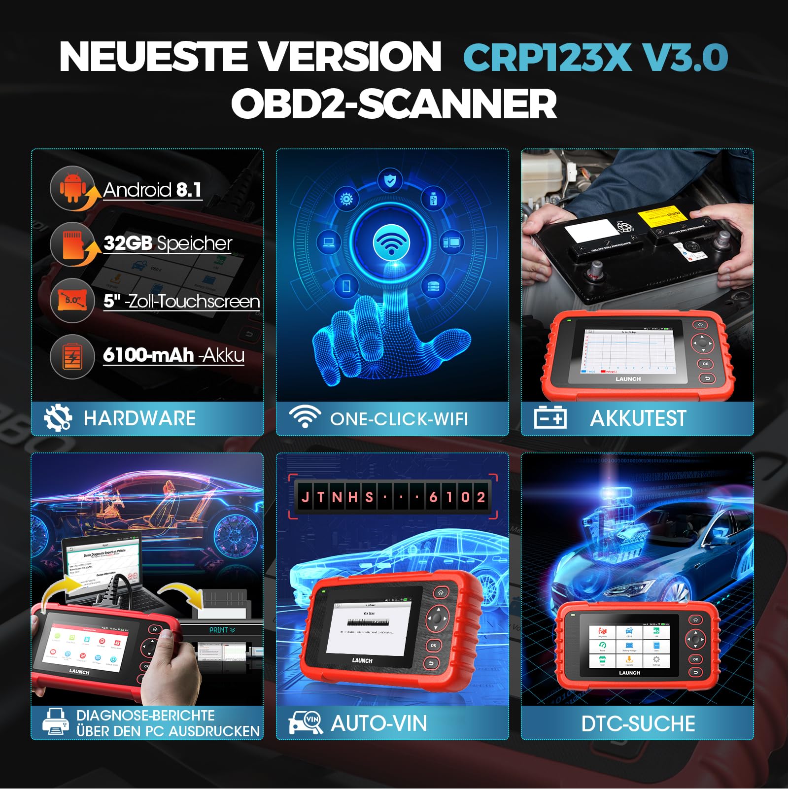 LAUNCH CRP123X V3.0 Valise Diagnostic Auto OBD2 Professionnelle - Compatible Toutes Marques, Diagnostic 4 Systèmes, Reset EPB/FAP/Vidange, SAS/BMS/TPMS, Test Batterie, Lecture VIN avec Maj GRATUITES