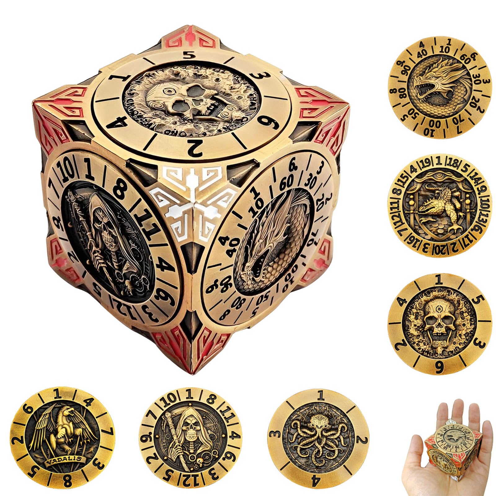 Set di dadi in metallo 7 in 1, con rilievo 3D, per dungeons and drons, poliedrici per giochi di ruolo, accessori fantasy per giochi di ruolo da tavolo per DM e giocatori, oro antico