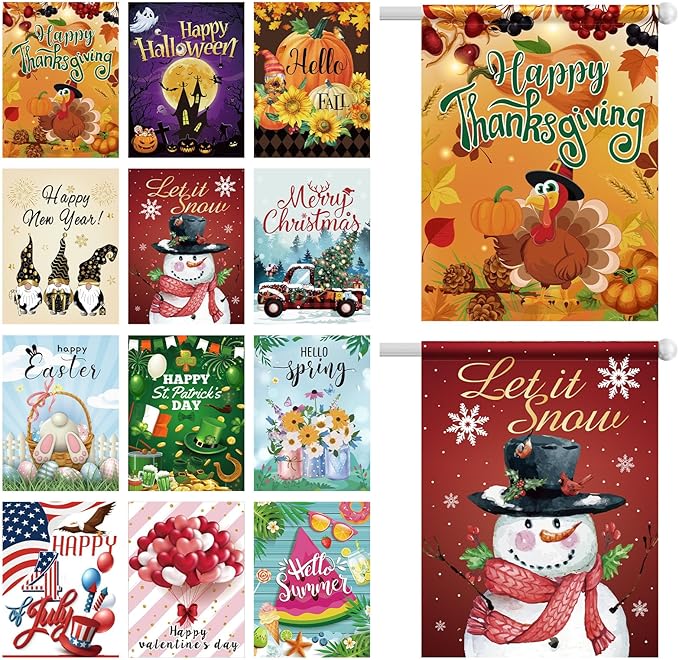 Hosuly 12 Pcs Seasonal House Flags Set 28 x 40" Double