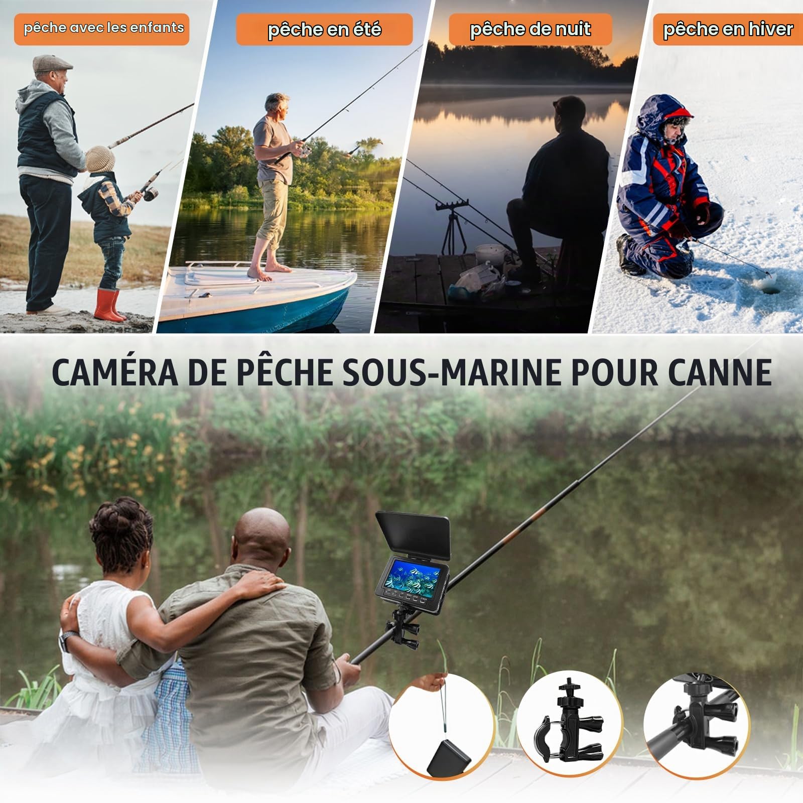Portable Caméra de Pêche, 5" Camera sous Marine Peche Étanche 12pcs LED 1000TVL HD Fish Finder pour la pêche sur Glace, lac et Bateau