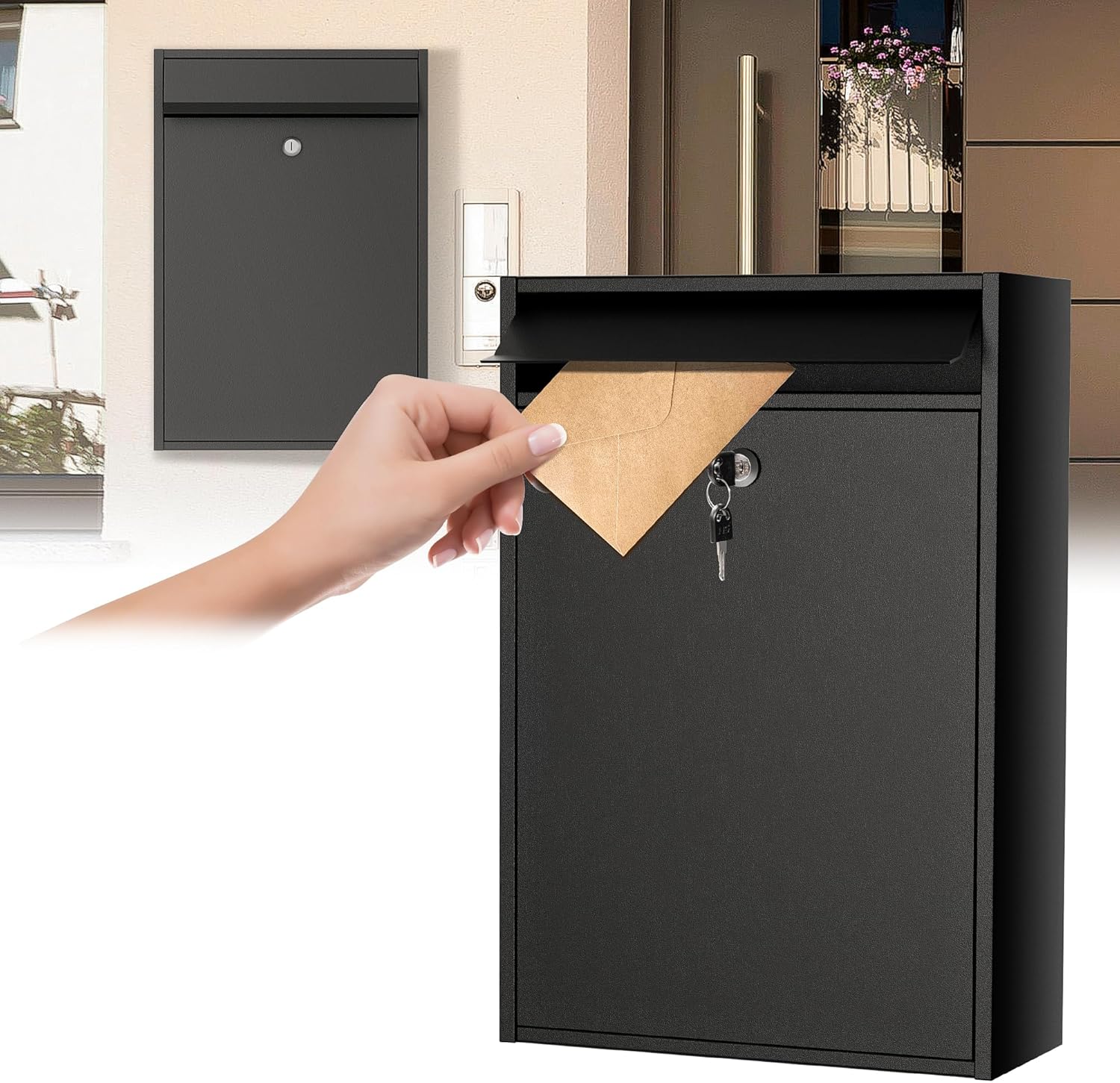 Wall Mounted Locking Mailbox with Key Lock for Outside, Large Capacity Lockable Drop Box, Auto-Shutdown Tamper Resistant Mailbox for Letters, Newspapers, Cards, 16''x11''x4.6''-Black