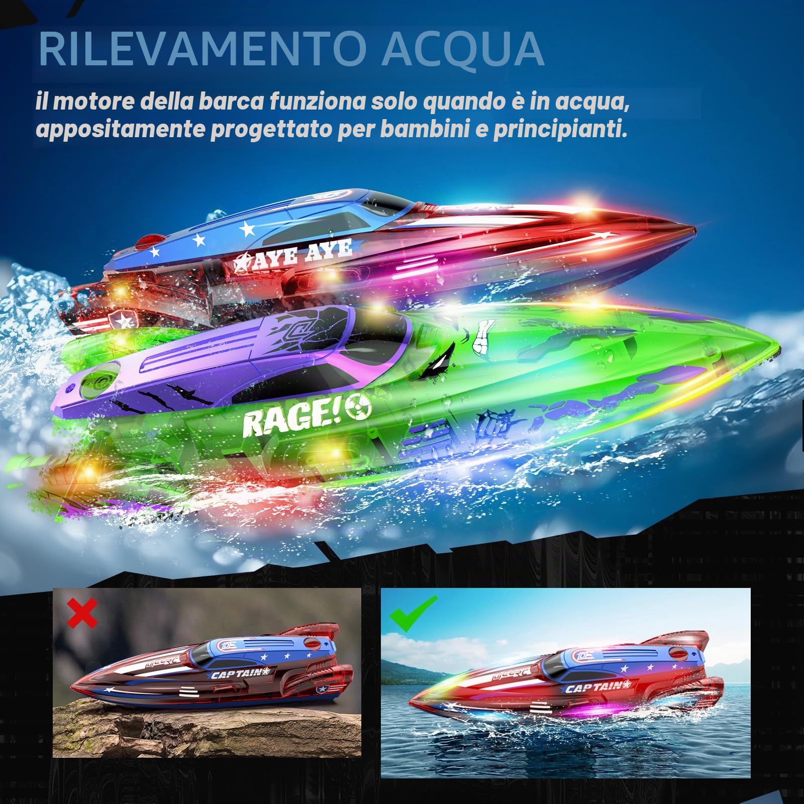 DEERC 2 Pack 13 pollici Barca telecomandata per bambini, 4 batterie, 2.4Ghz RC Barca da corsa con luci LED per piscine e laghi, regalo di giocattolo estivo per ragazzi 8-12