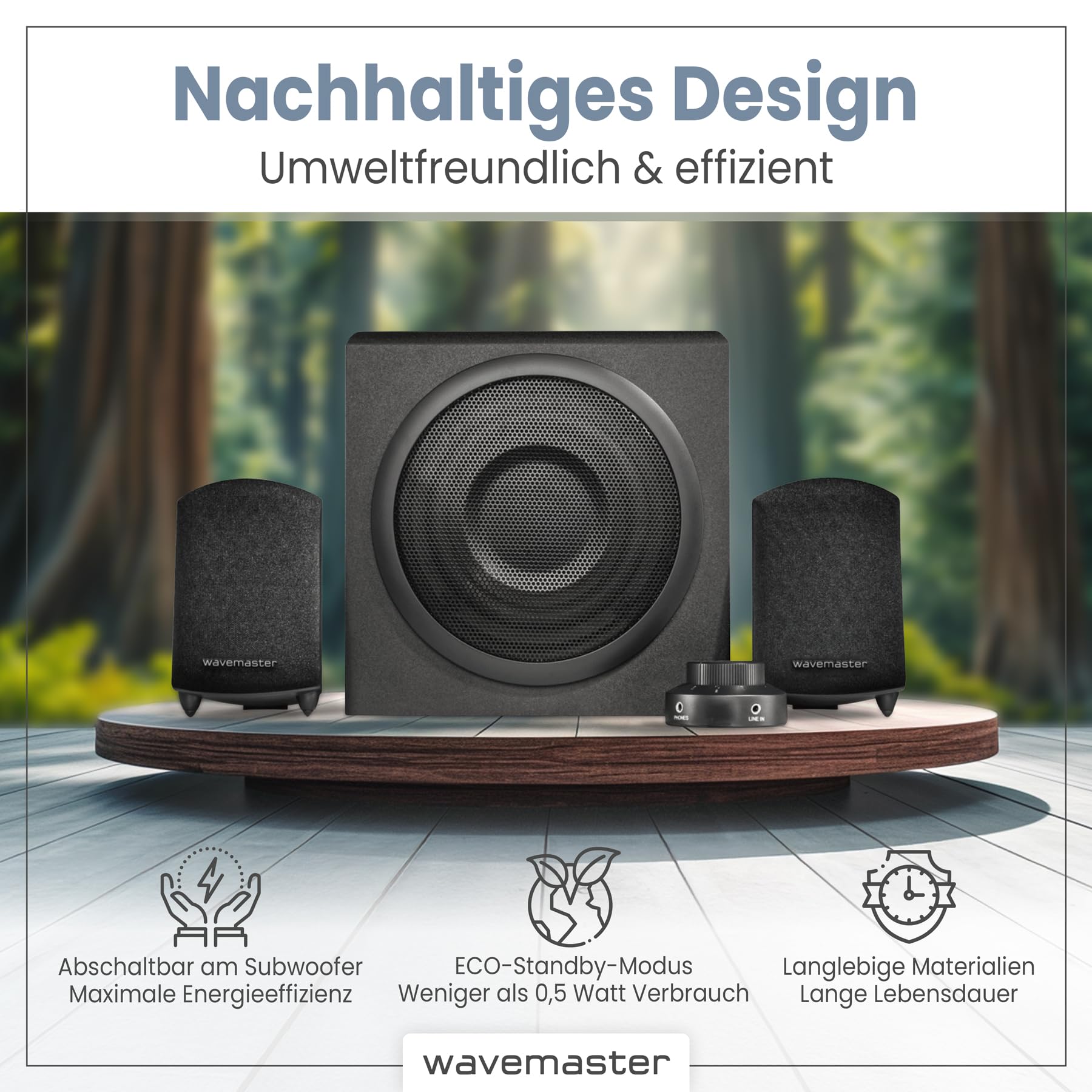 Wavemaster MOODY 2.1 Lautsprecher System (65 Watt) Aktiv-Boxen Nutzung für TV/Tablet/Smartphone/PC schwarz (66202)