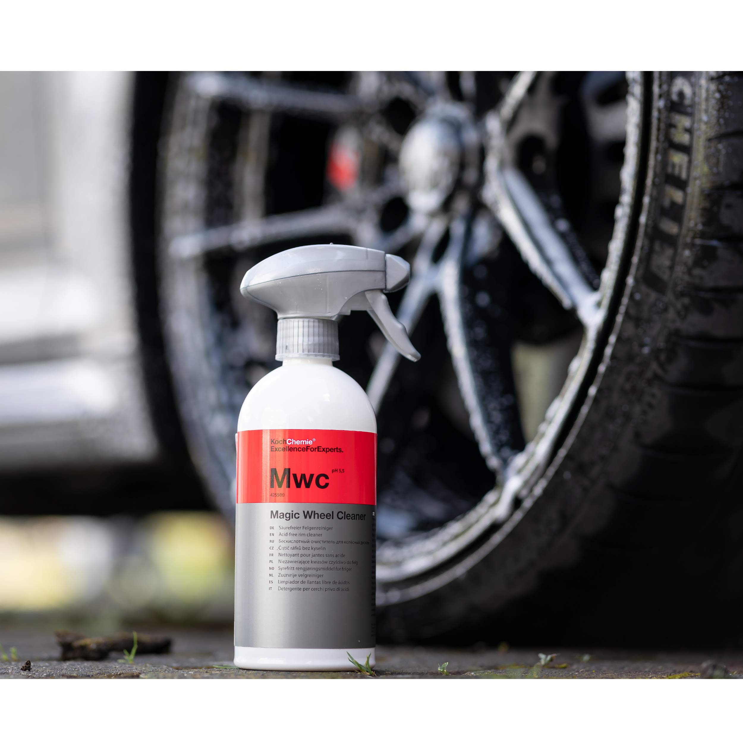 detailmate Koch Chemie MWC Magic Wheel Cleaner Set, Limpiador de Llantas sin ácido 500 ml, Cepillo ValetPro y paño de Pulido de Microfibra (Juego de Cepillo Suave)