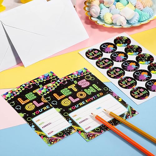 Miniatura 4 de Pajean Paquete de 30 invitaciones de fiesta de cumpleaños brillantes de neón para fiestas de cumpleaños con 30 sobres blancos y 30 etiquetas