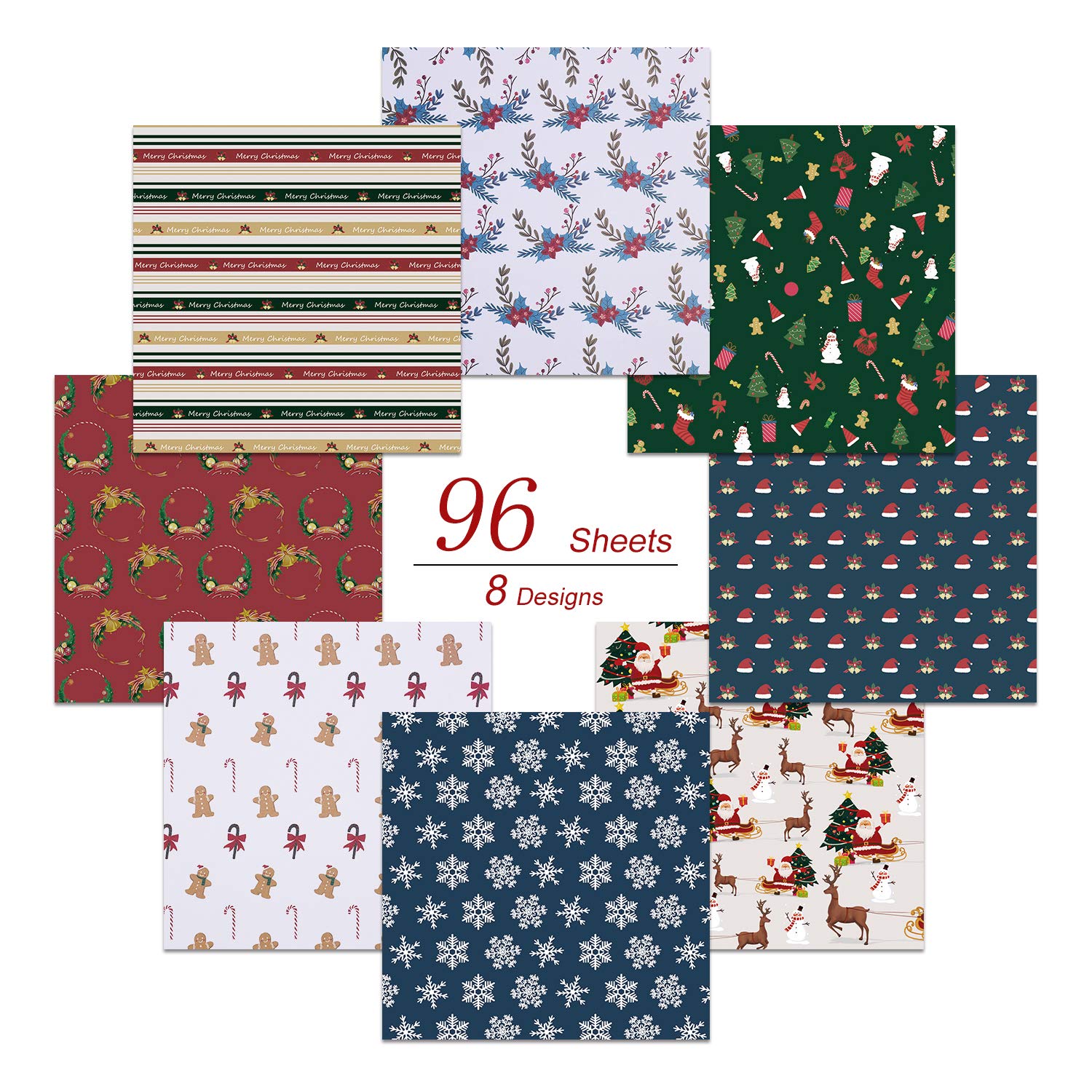 PaperKiddo 96 Pack Origami Paper Papel Plegable Patrón de Navidad Diferente Papel niños Artes y Manualidades 20cm * 20cm