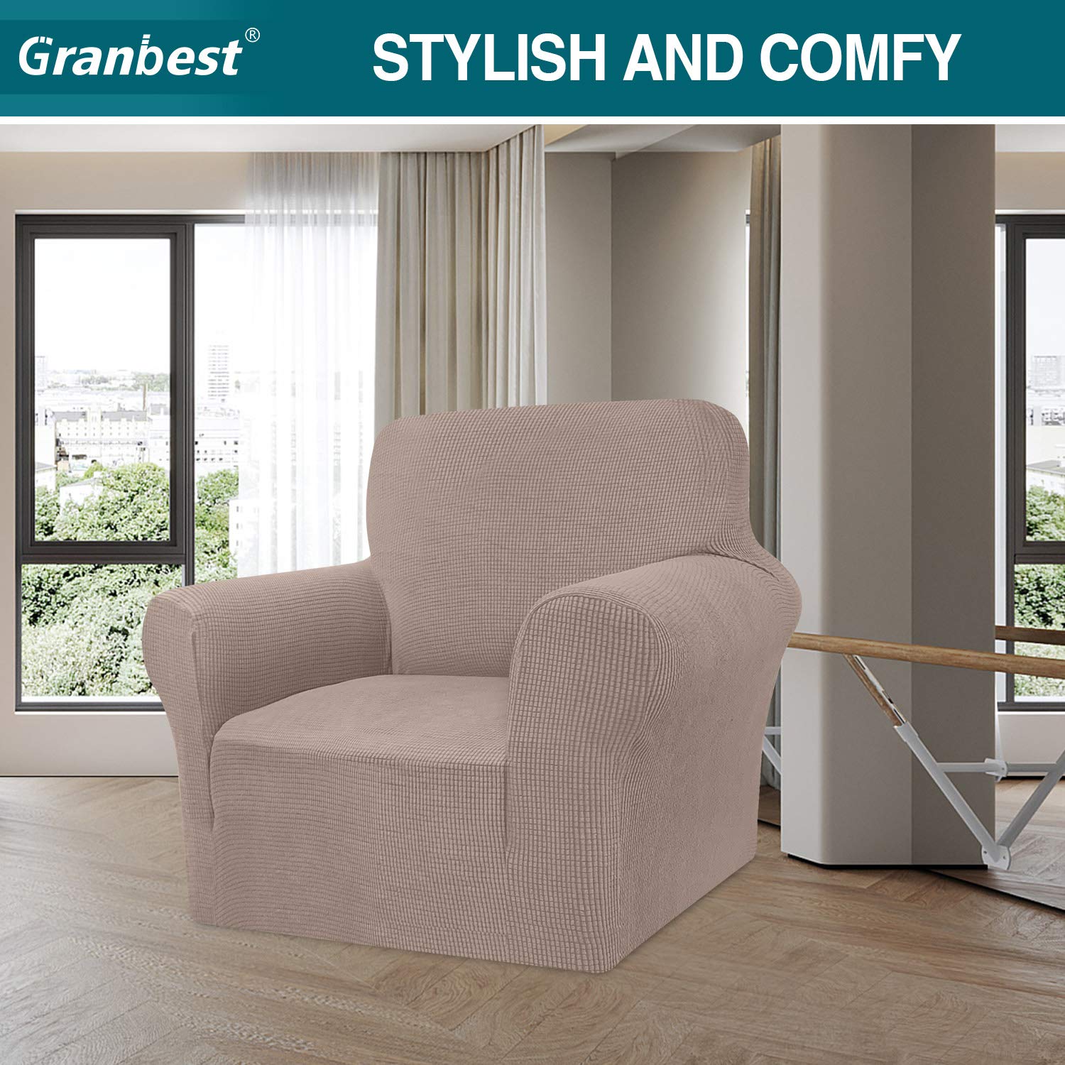Granbest, copridivano Elasticizzato ad Alta Elasticità, Moderna, in Jacquard, per Soggiorno, Protezione per Cani e Animali Domestici (1 Posto, Sand)