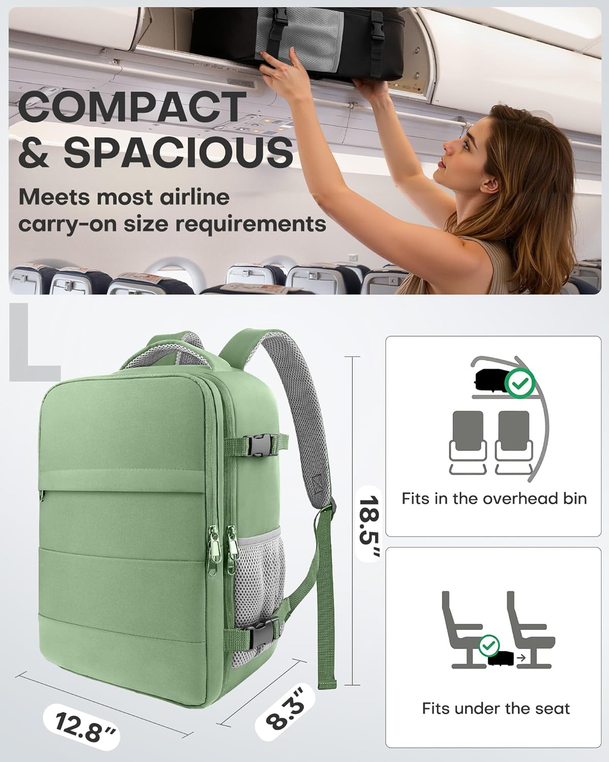 HOTOR Travel Backpack - Flight Approved Travel Bag for Men and Women, Carry on Luggage for 15.6" Laptop and Travel Essentials for Work, Business, Weekender, College 12.8"x8.3"x18.5", Green - Image 2
