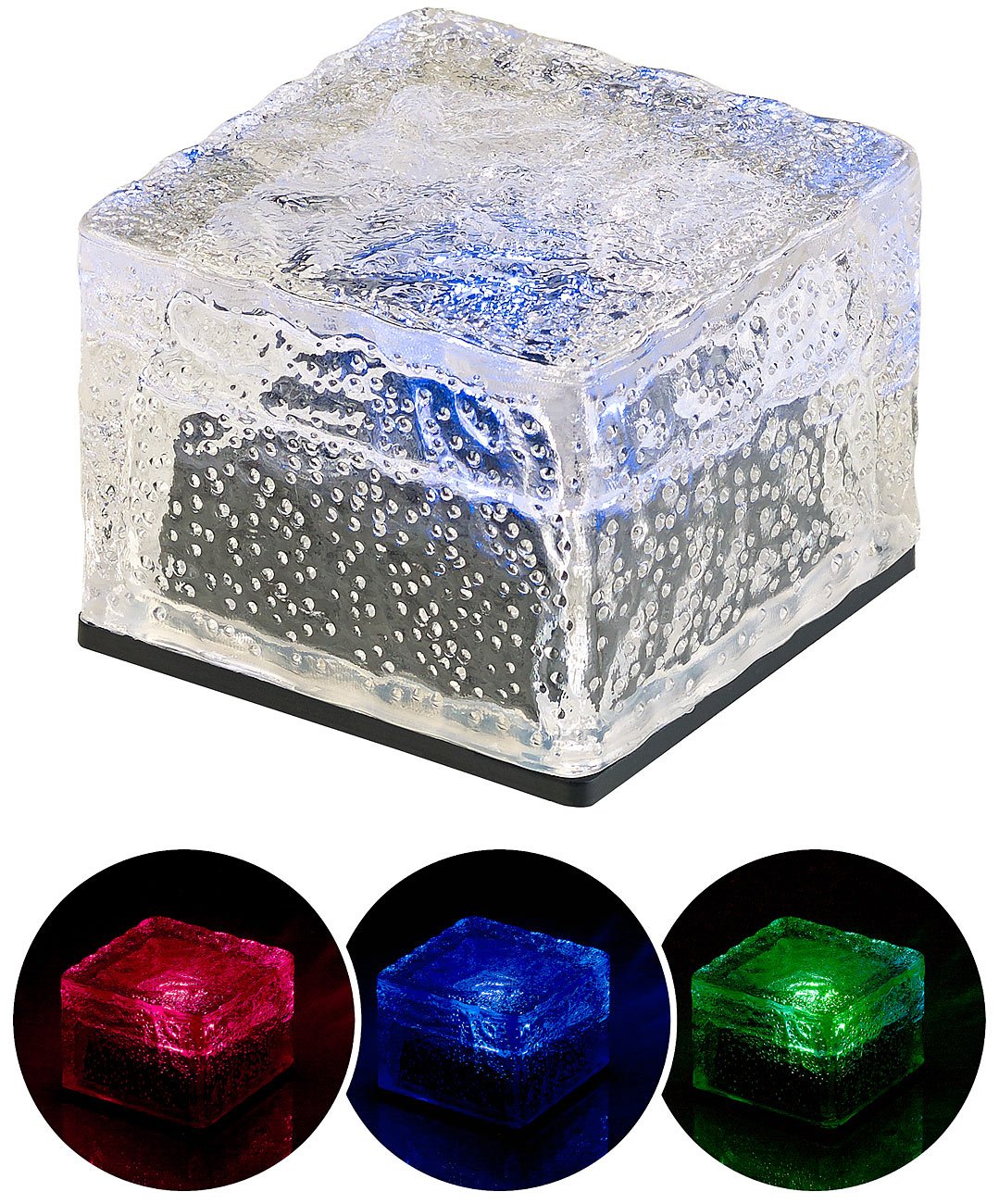 Lunartec Solar Stein: 4er-Set Solar-RGB-LED-Glasbausteine, Dämmerungsssensor, 7 x 5,4 x 7 cm (Solarleuchten Pflastersteine, Bodenleuchte Pflaster, Rasen)