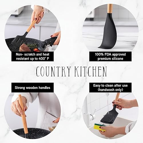 Miniatura 4 de Country Kitchen Juego de utensilios de silicona antiadherente con asas redondeadas de madera para cocinar y hornear, juego de 14 piezas, color negro
