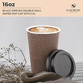 [85 SET]Harvest Pack 16 oz Disposable Coffee Cups, Insulated Ripple Double-Walled Paper Cups with Lids, Brown Geometric, Drinking Cups for Tea Hot Chocolate Drinks To go coffee cups