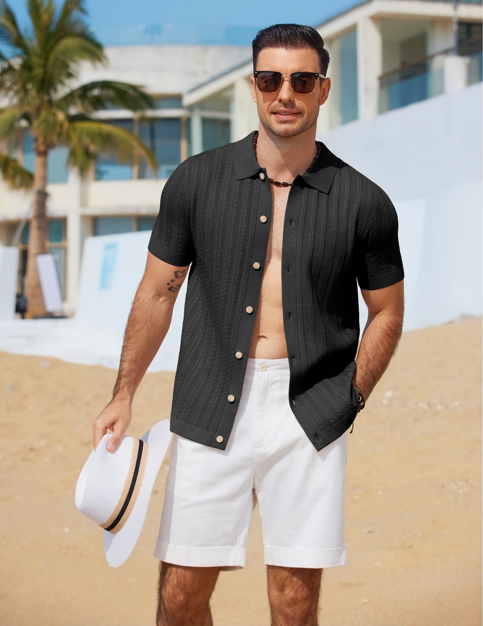 COOFANDY Herren Poloshirt Kurzarm Strick Polo Hemden mit Knopfleiste Zopfmuster Strickhemd Sommer Golf Shirts