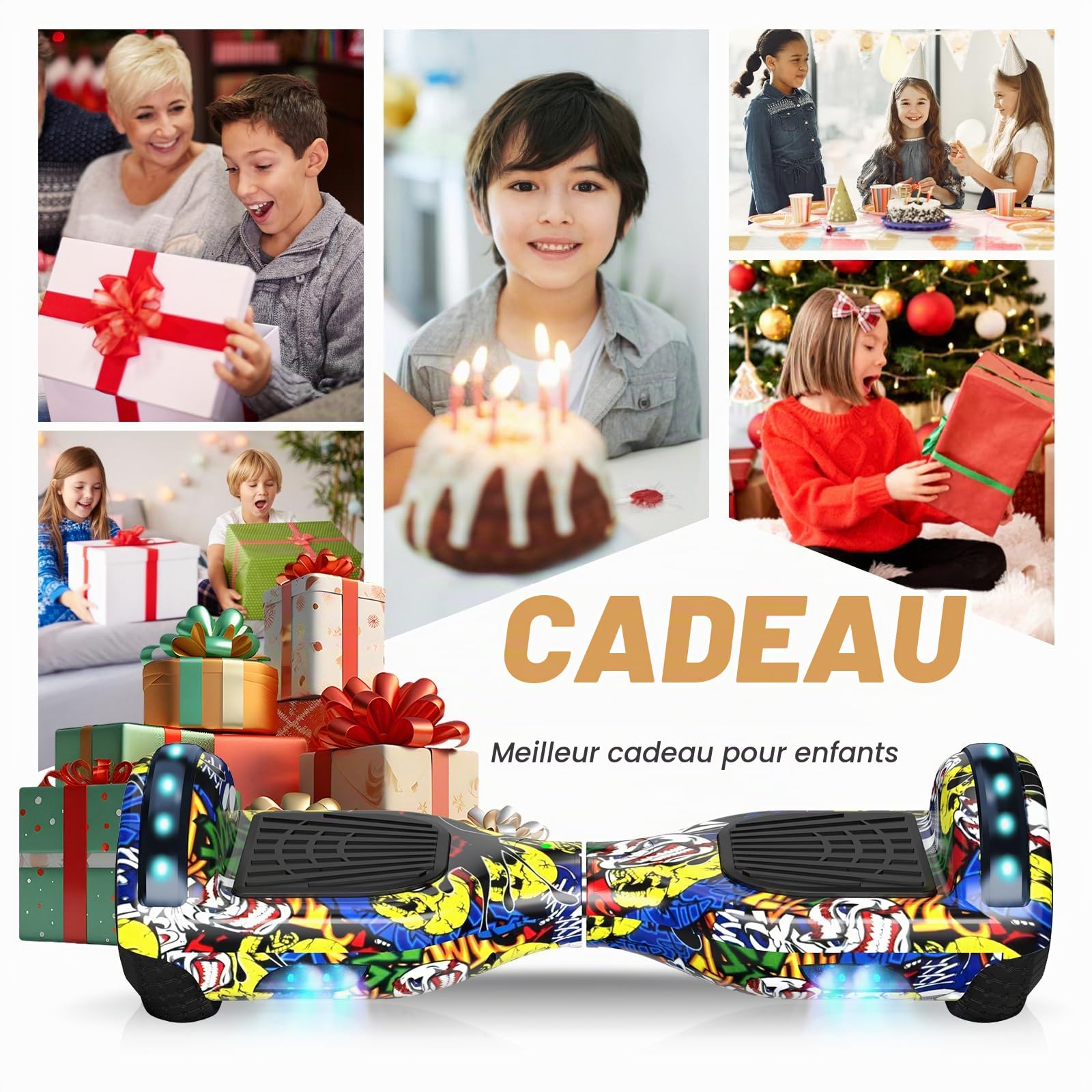 SISGAD Hoverboard, Gyropode électrique 6,5 Pouces Hoverboard Hover Scooter Board avec Musique Bluetooth, lumières LED et Moteur Puissant pour Enfants et Adolescents