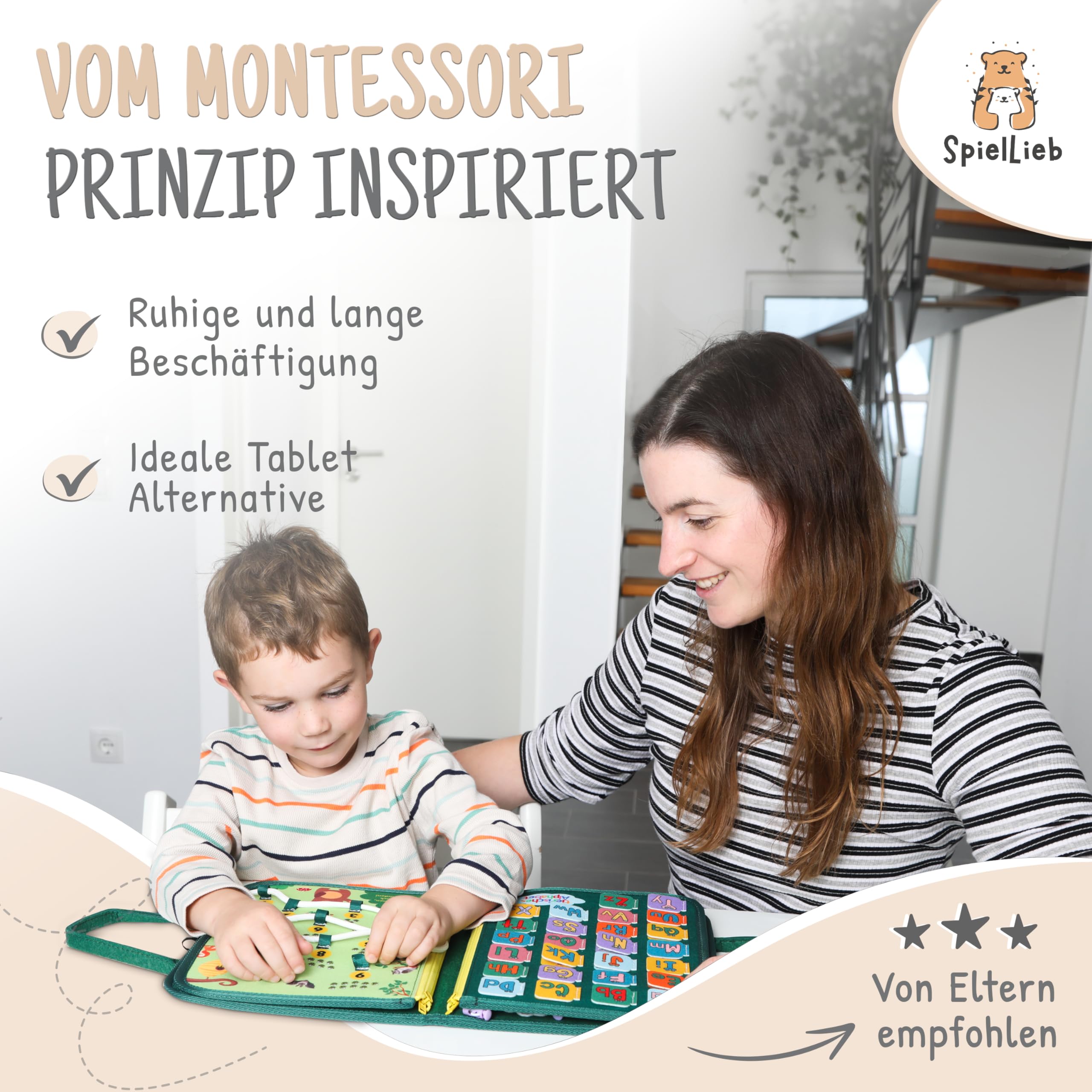 SpielLieb® Montessori Busy Board tedesco dai 3 anni in su, giocattolo interattivo per bambini – Occupazione per auto e aereo sviluppo e capacità motorie