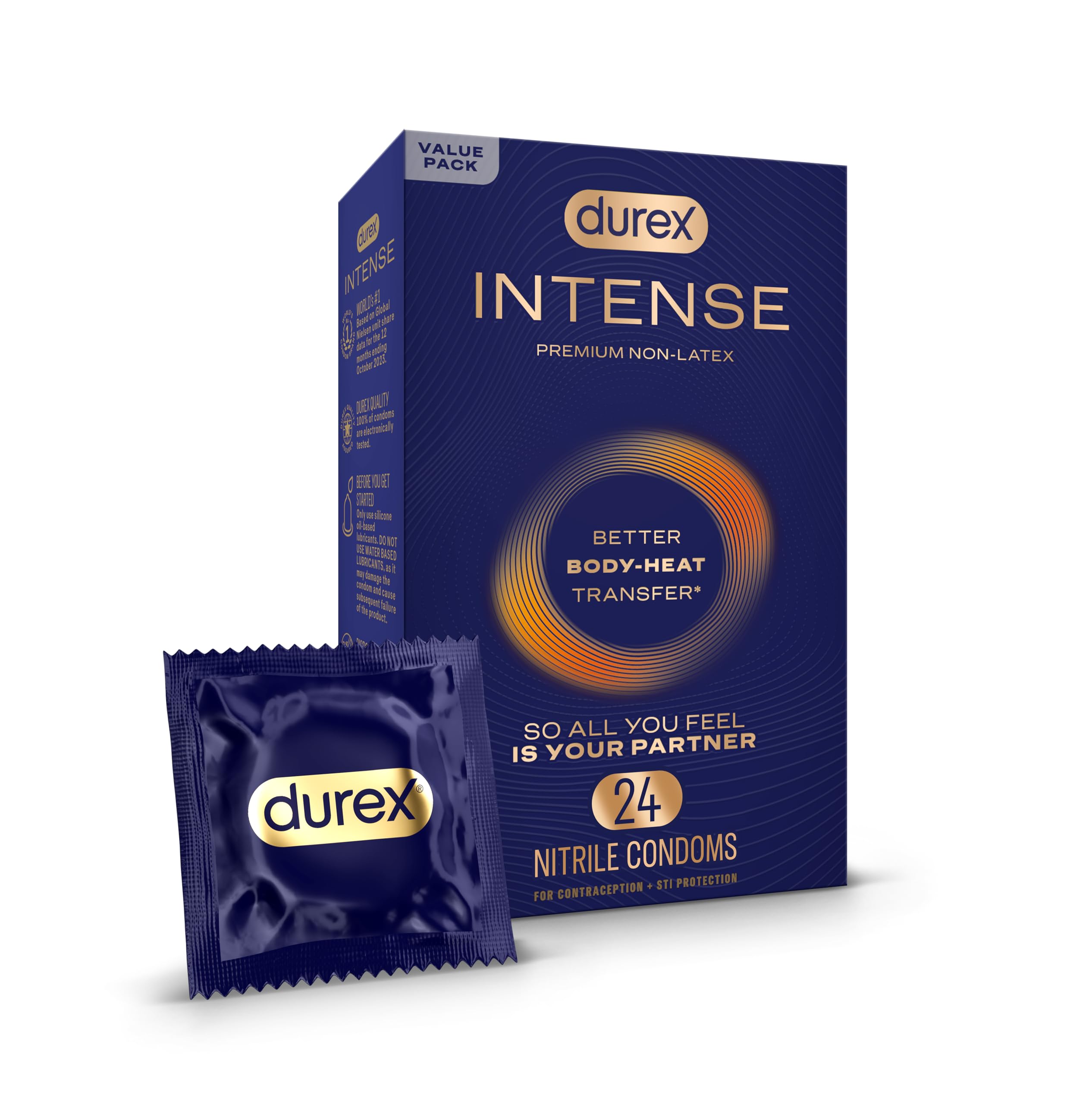 Intense Nitrile Condoms, Ultra Thin Premium Non Latex Condoms Lubricated with Silicone Lube, 24 ct