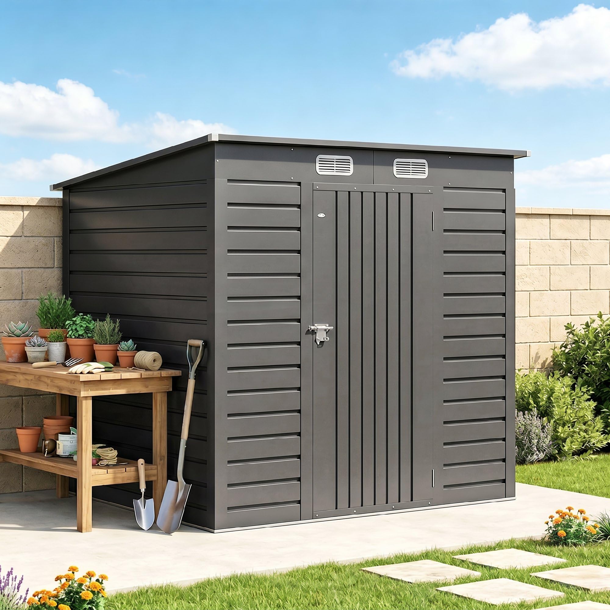 Outsunny Abri de Jardin en métal 2,5 m² Facile à Monter, cabane de Jardin 191x130x183cm Structure en Acier galvanisé améliorée, cabanon Rangement Outils Gants Portes verrouillables aérations, Gris