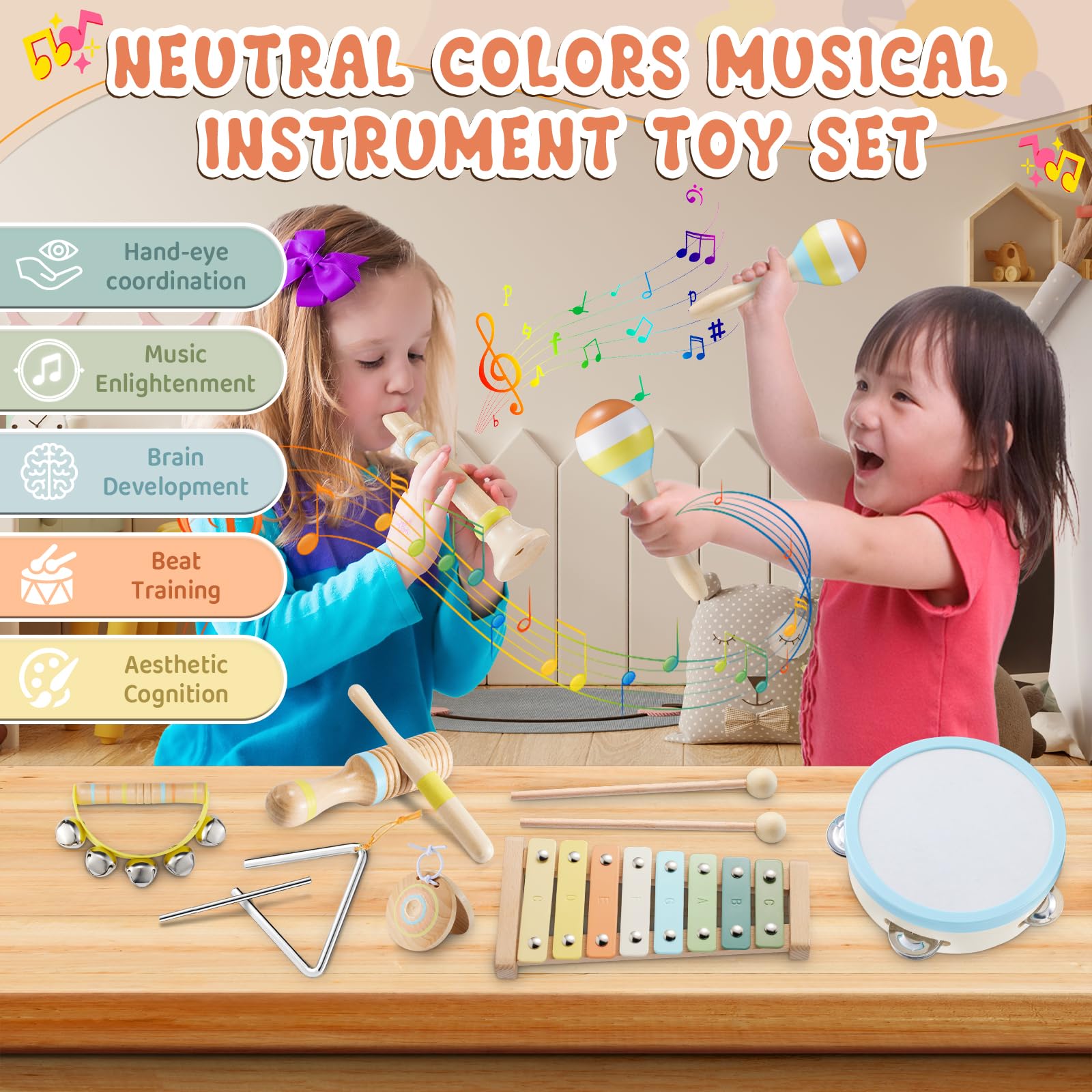 Juego de instrumentos musicales para bebés, juguetes de música de madera Montessori para niños pequeños de 3, 4, 5 años, kit de música de percusión de color neutro con tambor, xilófono, bolsa de 3