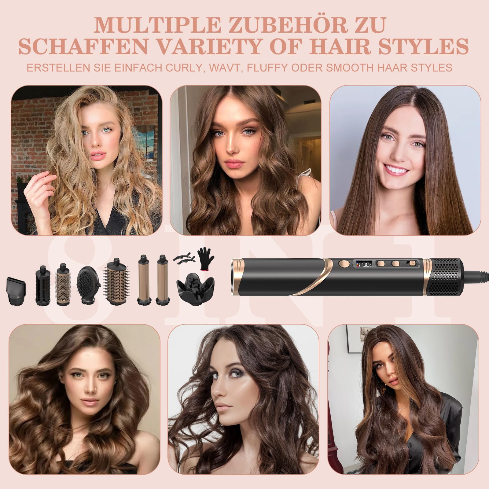 Suszarka do włosów 8 w 1, multistyler AirStyler, 1600 W, urządzenie do stylizacji włosów z silnikiem o prędkości 11 0000 obr./min, z grzebieniem powietrznym, lokówką (lewa i prawa), dyfuzorem, dyszą