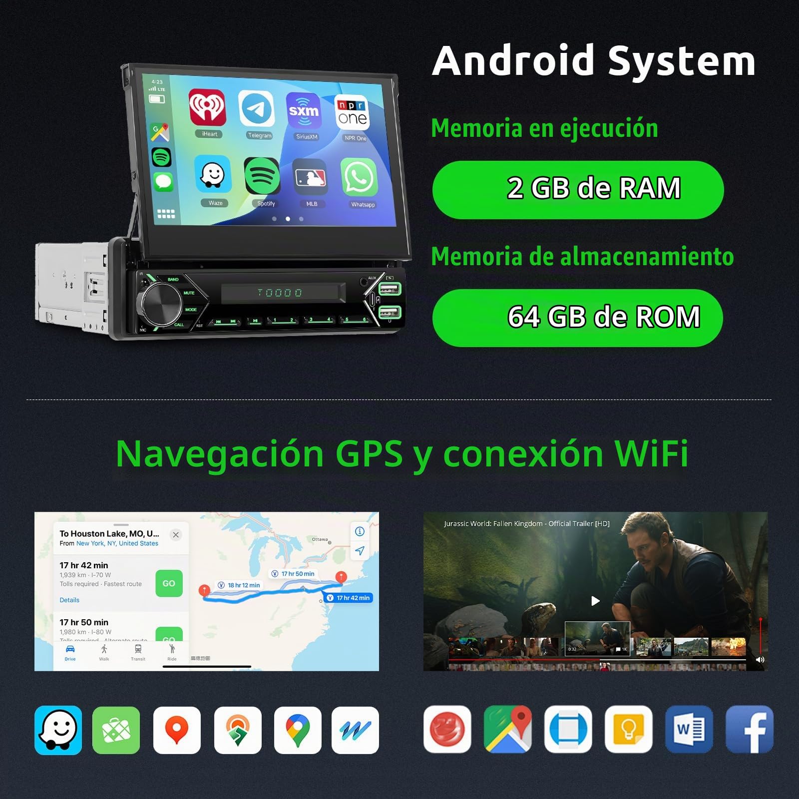 Hodozzy 2G+64G Android Radio Coche 1 DIN con Pantalla Retráctil con Inalambrico Carplay Android Auto Mirror Link, GPS, 7 Pulgadas HD Pantalla Reproductor MP5 WiFi USB/AUX EQ/RDS/FM Radio Cámara