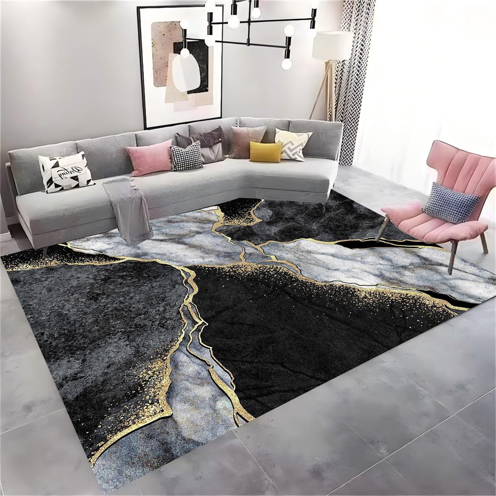 Modern Abstract Aesthetics Black Gold Area Rug 70x140cm Luxury Marble Crack Texture Washable Non-Slip Thin Rugs for Bedroom Diningroom Entryway Home Office Studyroom Hallway Skin Friendly Carpet