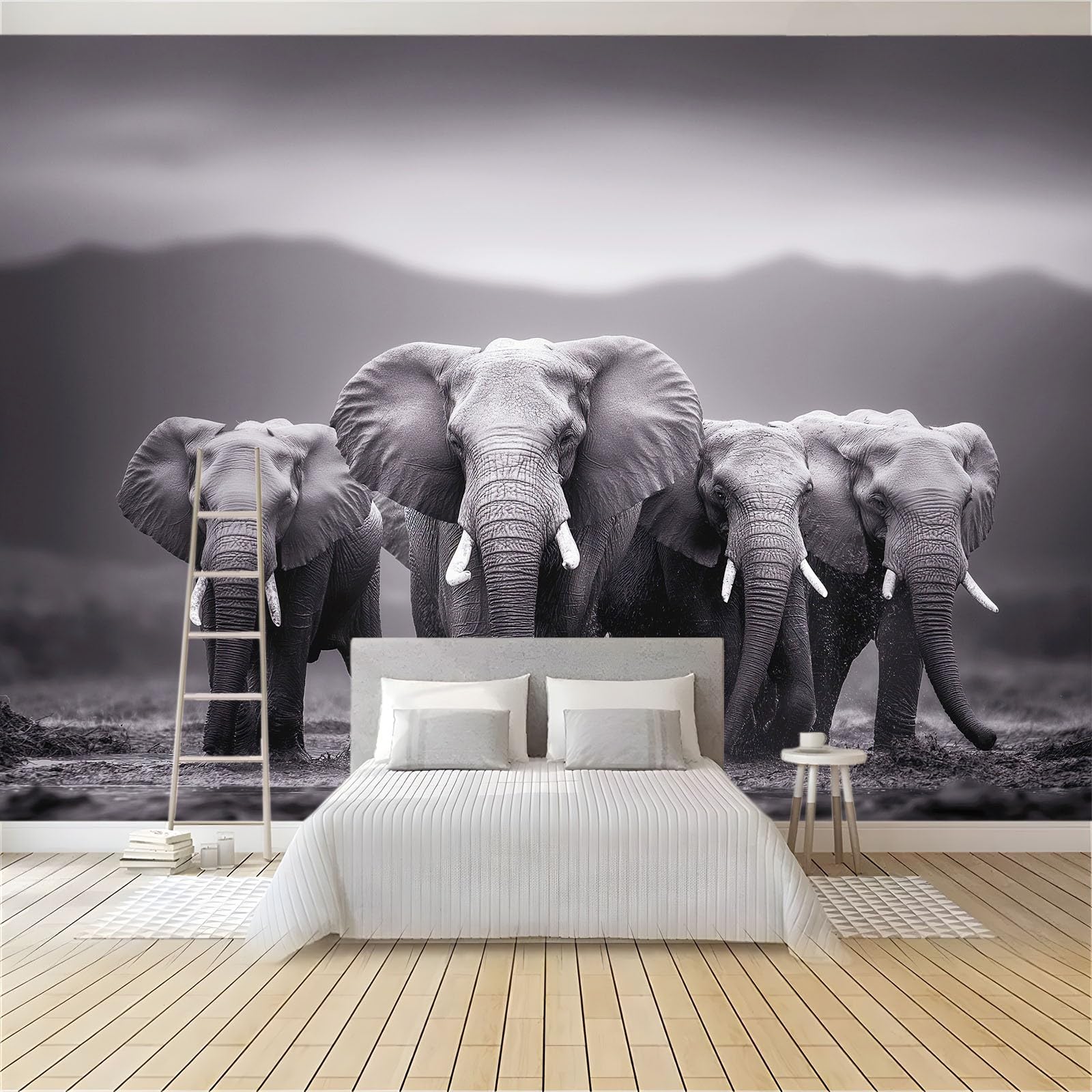 Tapeta dziecięca 3D nowoczesne czasy łąki migracja słonie 200 x 140 cm - fototapeta do pokoju chłopców i dziewcząt z włókniny premium - artystyczny wzór marzeń szary