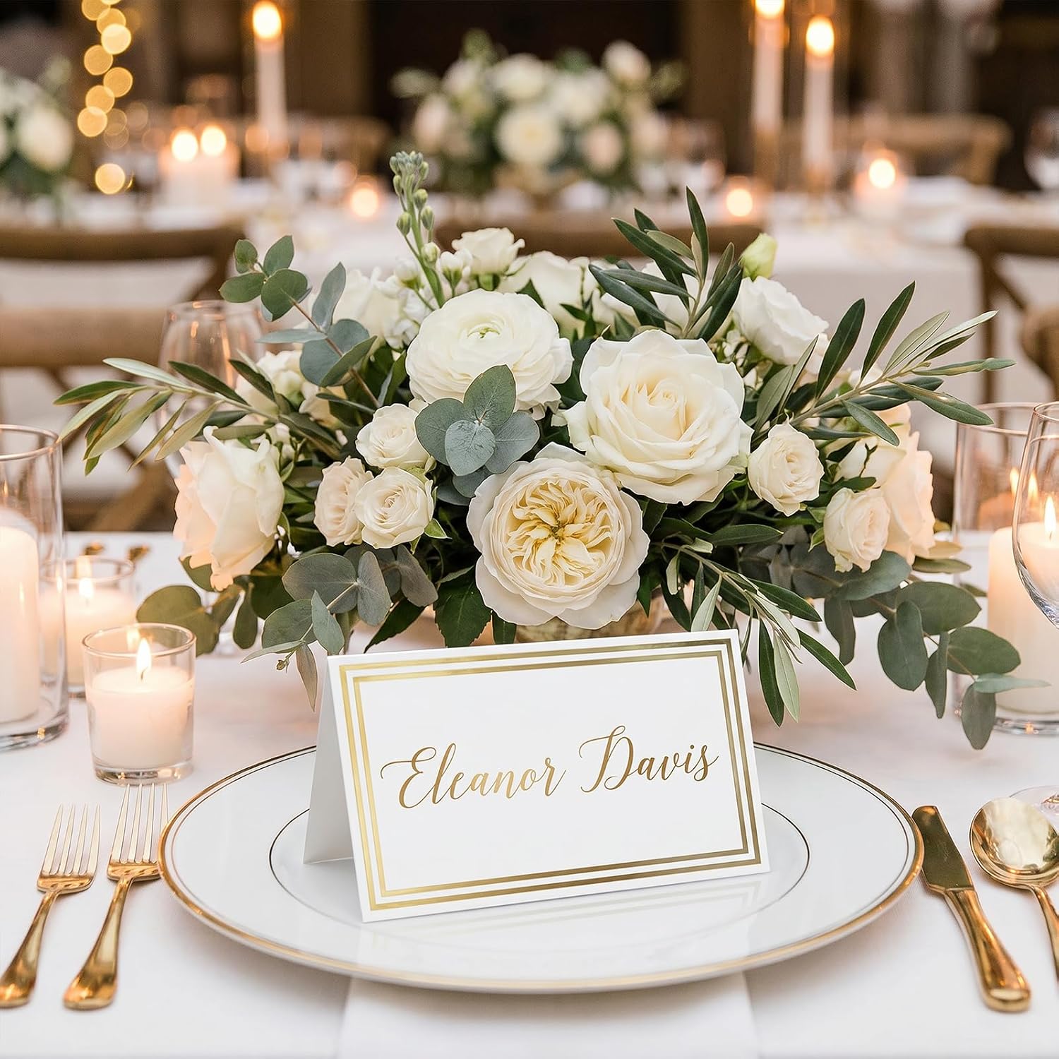 50 Pack Premium Tent Place Cards with Double Gold Foil Border, 2x3.5 Inch Table Name Cards for Wedding Dinner Party Banquet Table Setting