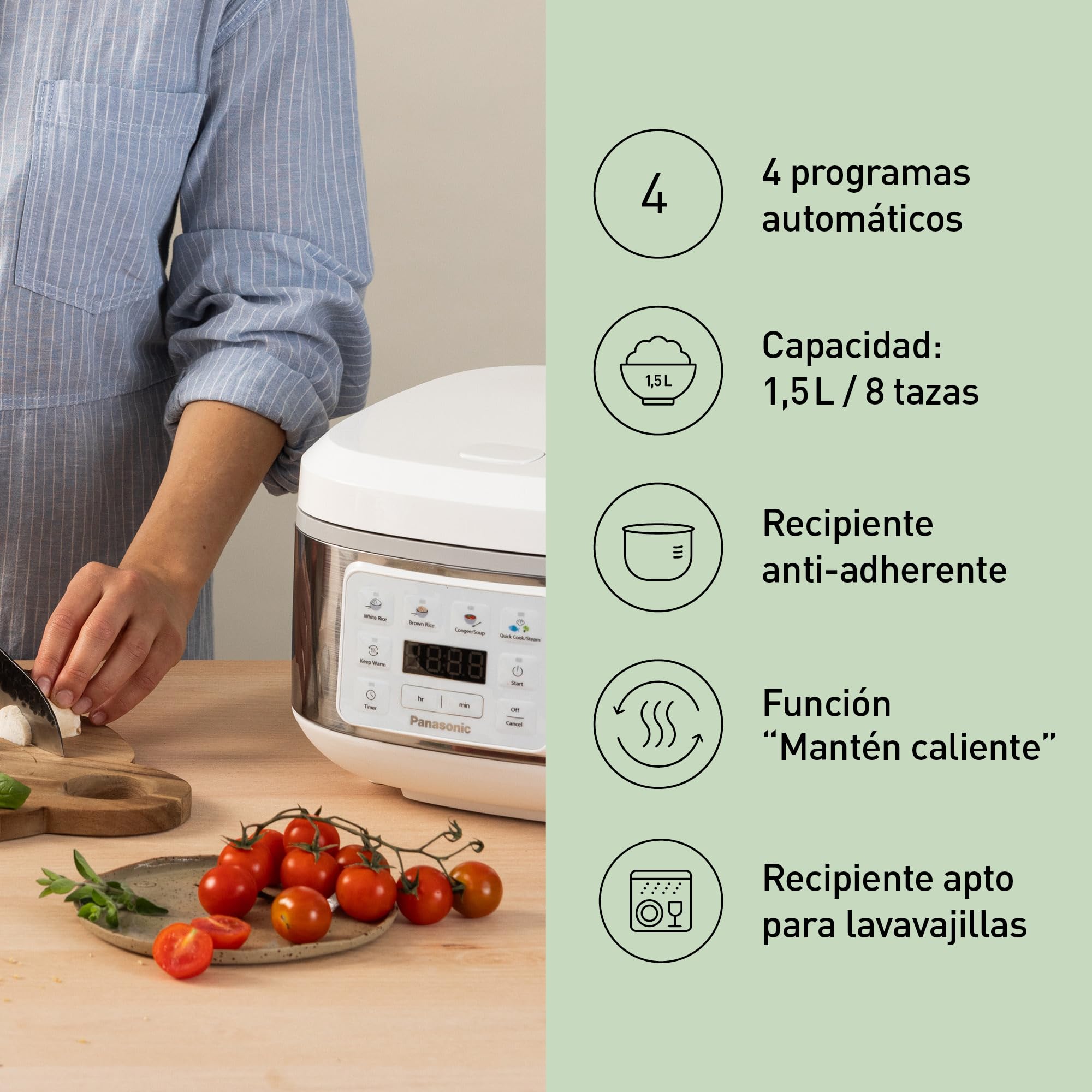 Panasonic SR-DA152WXE Olla Arrocera Automática con Vaporera, 1,5 litros, 8 tazas, Fuzzy Logic, Indicador De Cantidad De Agua, Sin BPA, Mantiene Caliente, Inicio Diferido, Blanco