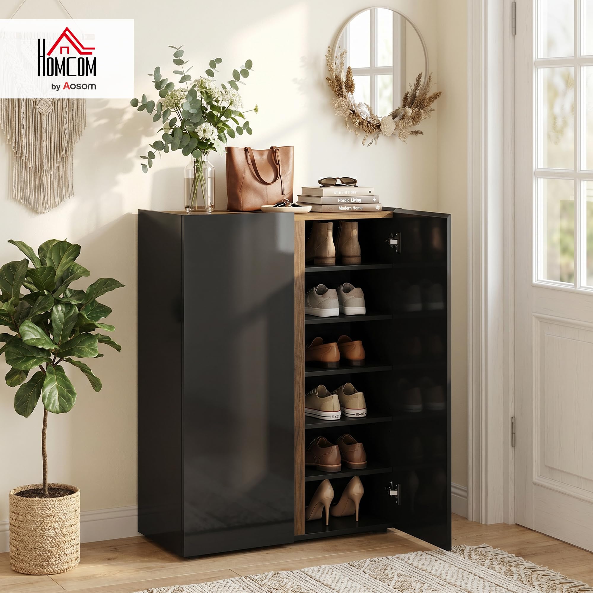 HOMCOM Schuhschrank mit 2 Hochglanz Türen Schuhregal Schuhkommode mit 6 Verstellbaren Fächern Schuhaufbewahrung mit Soft-Close-Funktion für 18 Paar Schuhe 70 x 33,5 x 95 cm, Schwarz