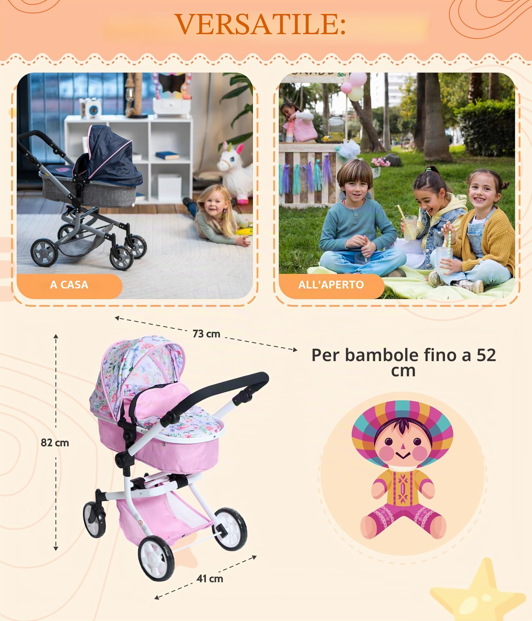 Bayer Chic 2000 - Passeggino per bambole Mika, passeggino combinato 2 in 1 per bambini dai 4 agli 8 anni, passeggino per bambole fino a 52 cm, fiori, rosa