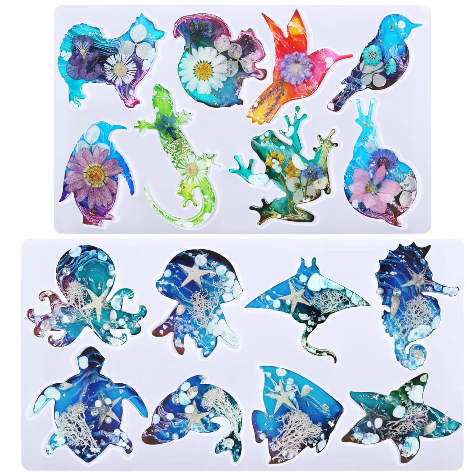 KAKOLOPT Silicone Animal Resin Mold Wall Hanging Mould Lizard Hummingbird Dog Frog Seafish Shaped Mould Epoxy Casting Molds for Wall Décor Room Garden,3D DIY Making Handmade Home (Clear 1 + Clear 2)
