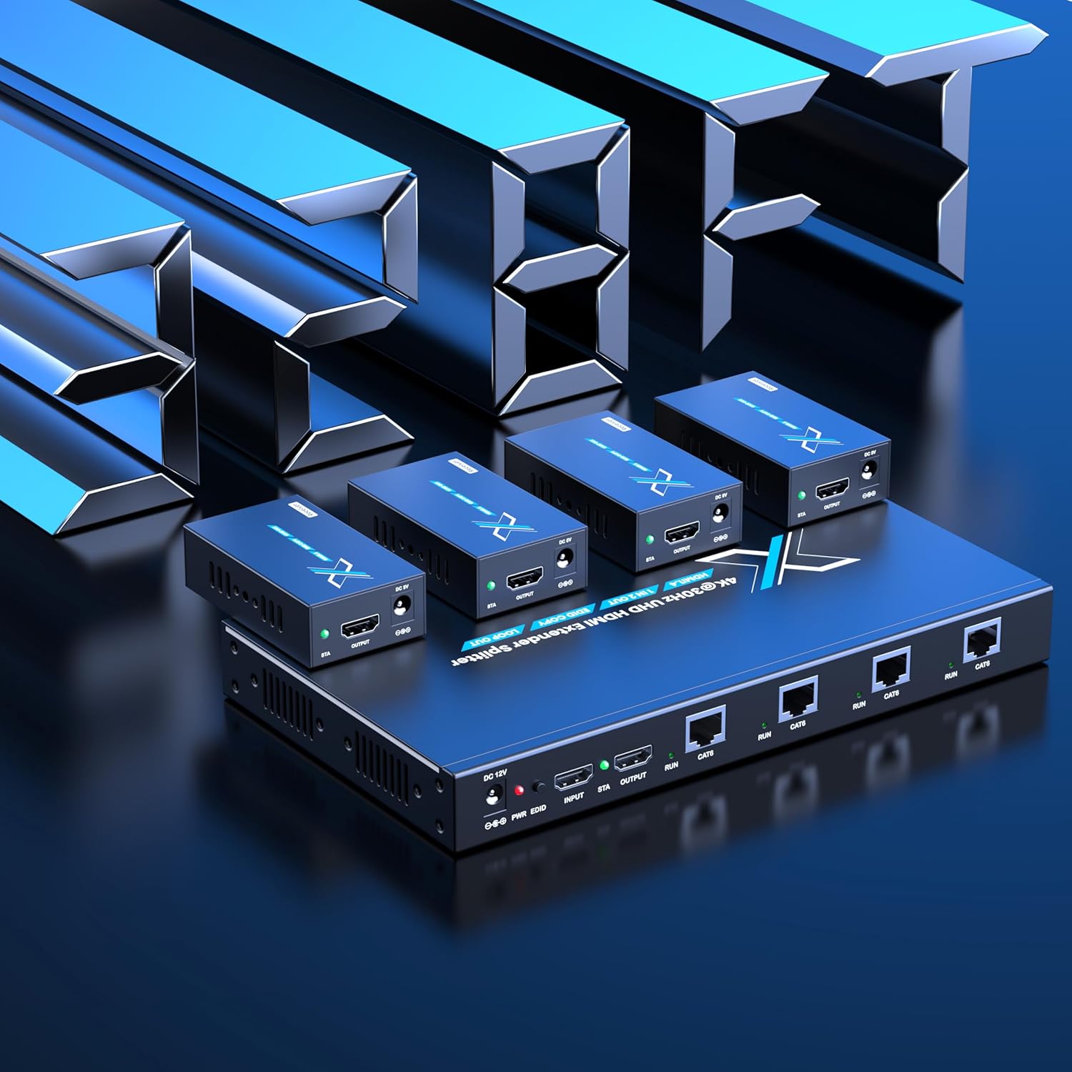 ALGOX 328ft/100m 4K@30Hz HDMI Extender Splitter 1x4 Over CAT6/6e/7(T-568B) Supports Loop Out, EDID Copy, HDR10, Dolby Vision, 3D Video, Plug and Play, Easy to Install (1 in 4 Out)