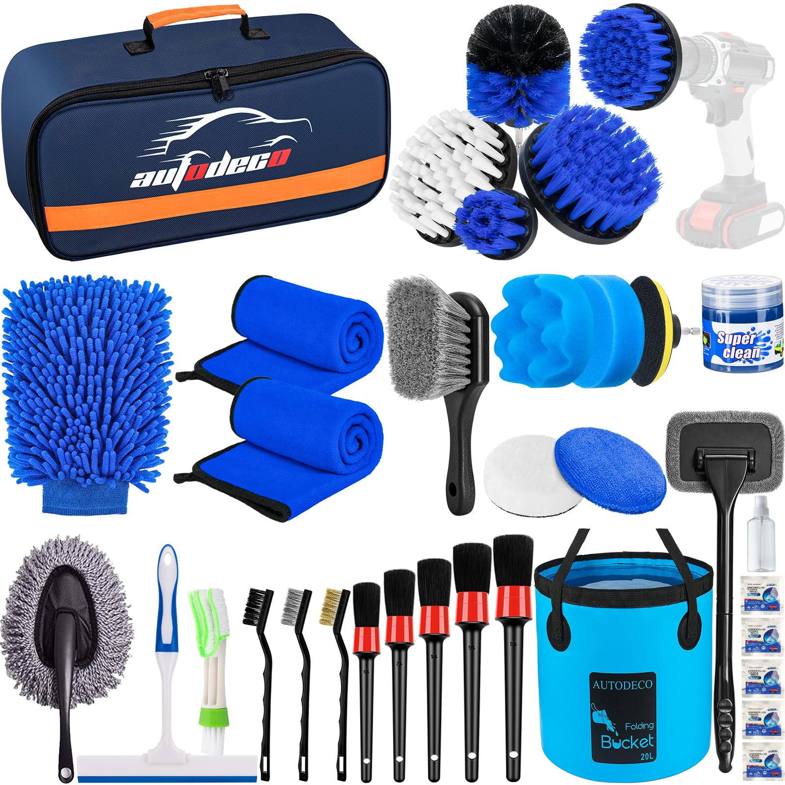 AUTODECO 34Pcs Car Detailing Brush Set, Car Detailing Kit, Auto Detailing Drill Brush Set, Car Detailing Brushes, Car Wash Cleaning Tools Kit for Interior, Exterior, Wheels, Blue