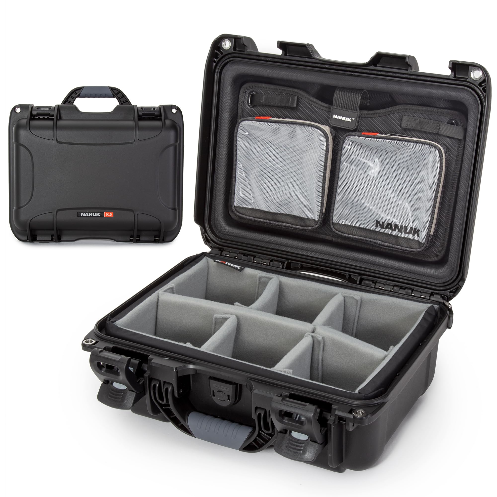 NANUK 915 Pro Photo Kit – Leichter, wasserdichter Schutzkoffer mit gepolsterten Trennwänden und 2 Deckelaufteilern (40,1 x 30,7 x 17,3 cm) – Staubdicht und stoßfest (Schwarz)