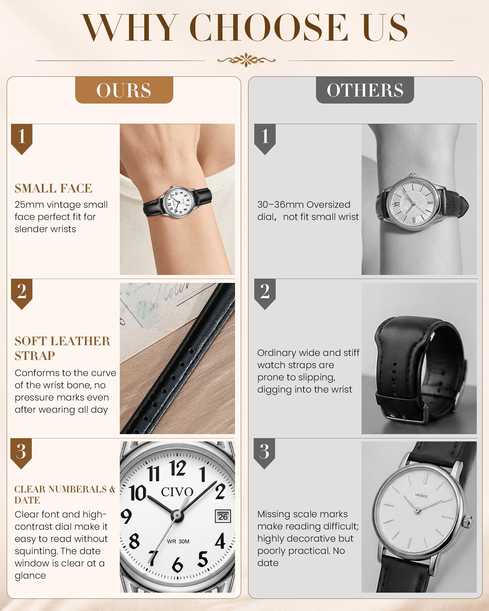 CIVO Reloj Mujer Fácil de Leer: Esfera Clara con Combinada Números con Fecha - Reloj de Pulsera Analógico para Uso Diario Informal Regalo para Dama de Muñecas Esbeltas