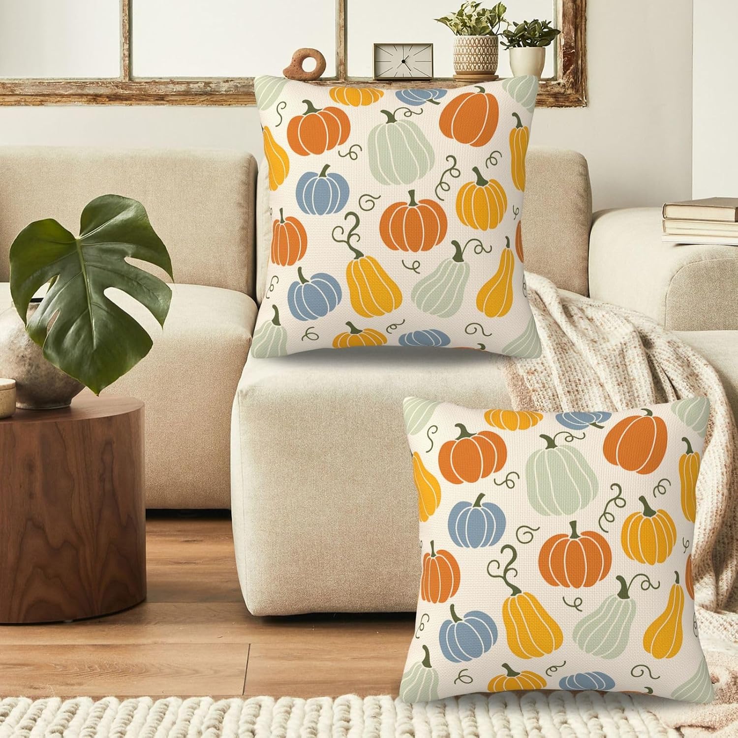 Fall Pillow Covers 22x22 Inch Set of 2 Thanksgiving Orange Yellow Blue Pumpkins Decorative Throw Pillows Autumn Colorful Outdoor Farmhouse Decor Cushion Covers for Sofa Bed Couch Living Room