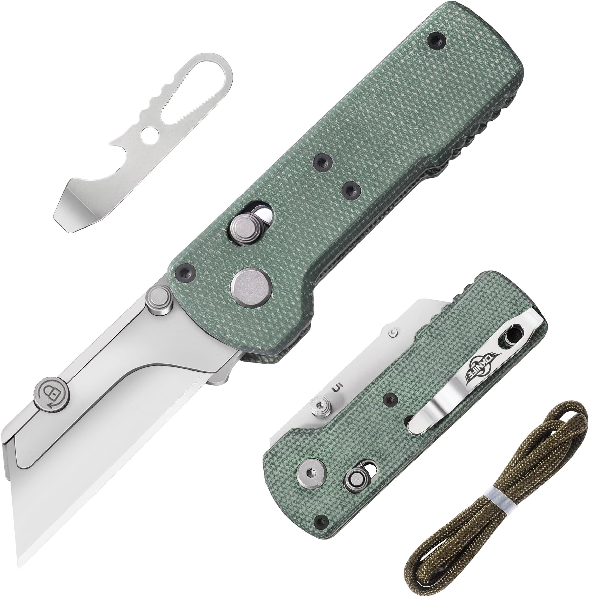 Otacle U1 Folding Utility Knife, Quick Change Box Cutter with Rail Lock, EDC Razor Knife with Pocket Clip for Office, Factory (Green Micarta)
