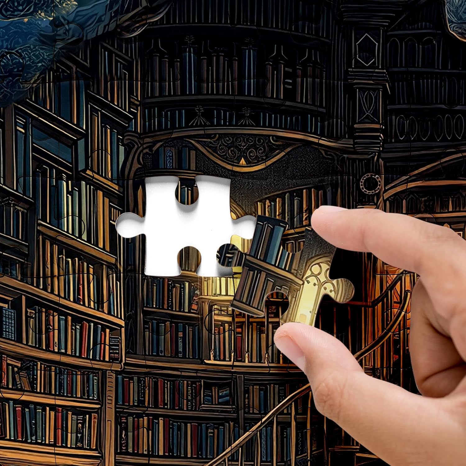 Fantasy Moon Library Puzzle 1000 Pieces for Adults, Magic Book Shelf Starry Night Jigsaw Puzzle, Vintage Book Space Plants Puzzles
