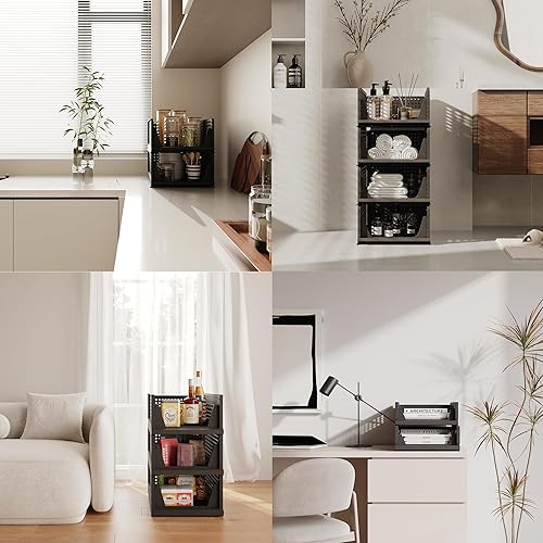 Miniatura 6 de Pinkpum Paquete de 5 organizadores plegables de armario, cesta de plástico apilable para ropa, contenedor de almacenamiento de estantes para