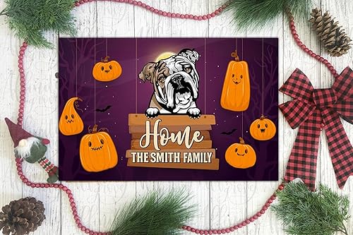 Miniatura 4 de Kobalo Tapete personalizado de bulldog inglés, divertido tapete de Halloween para puerta de perro, calabaza aterradora, felpudo de bienvenida, para