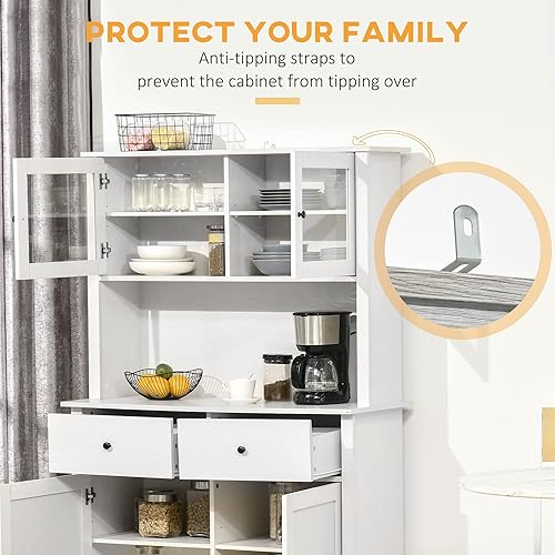 Miniatura 7 de HOMCOM Buffet de cocina de 635 pulgadas con gabinete gabinete de almacenamiento de despensa con 4 estantes cajones puertas de vidrio enmarcado